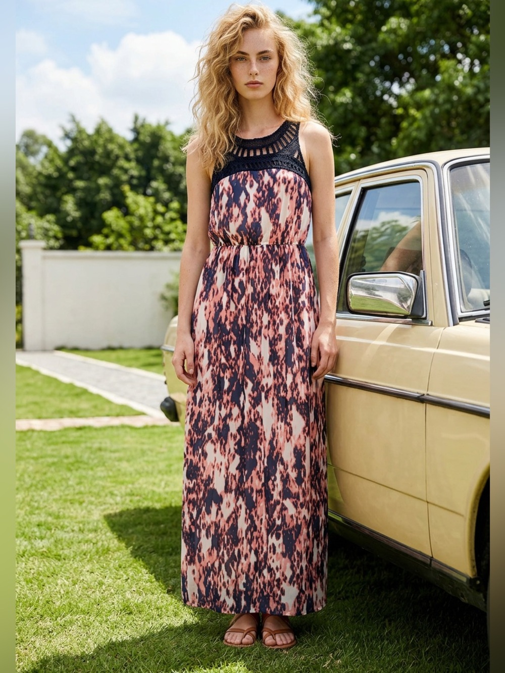 Lily Rose Sleeveless Maxi Dress - Pink and Blue with crocheted front detail
